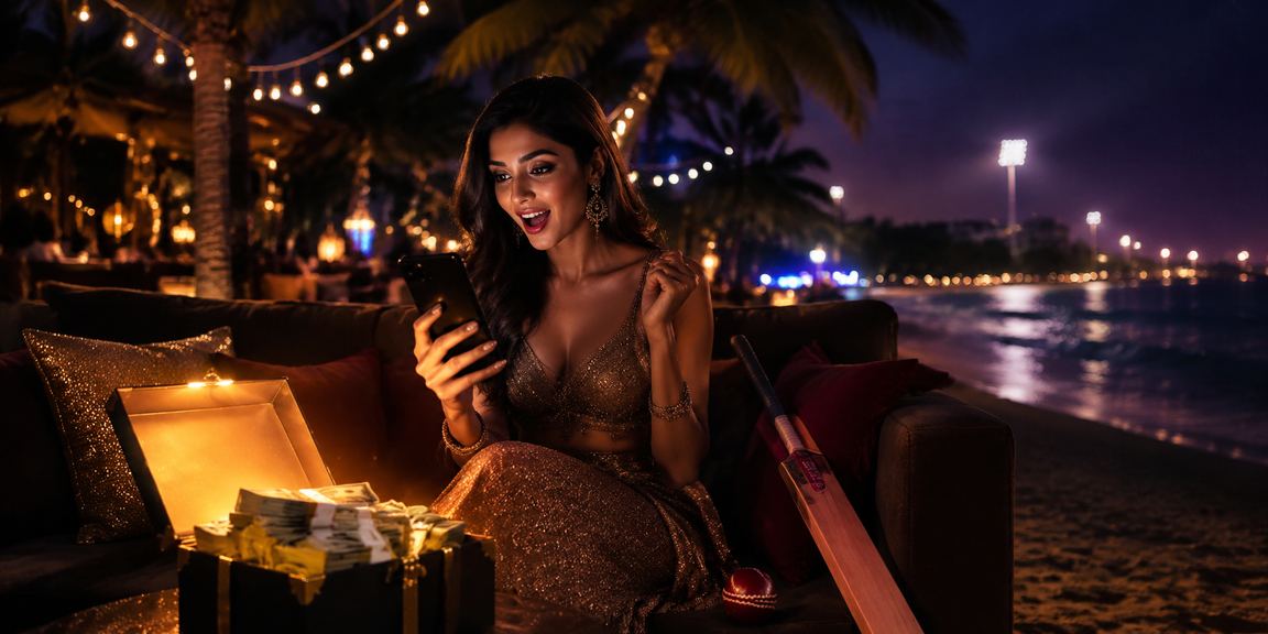 Cricket betting scene at a coastal beach in India with players using mobile apps