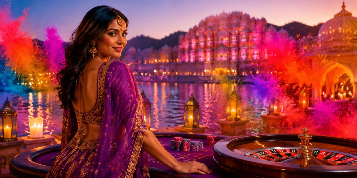 Festive scene at Hawa Mahal in Jaipur with roulette theme